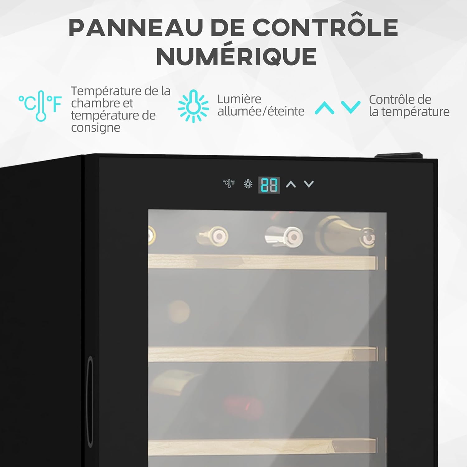 HOMCOM Cave à Vin 24 Bouteilles 65L, Haute Performance, Température Réglable 5-20° avec Éclairage LED, Panneau de Commande Tactile, 41dB Noir