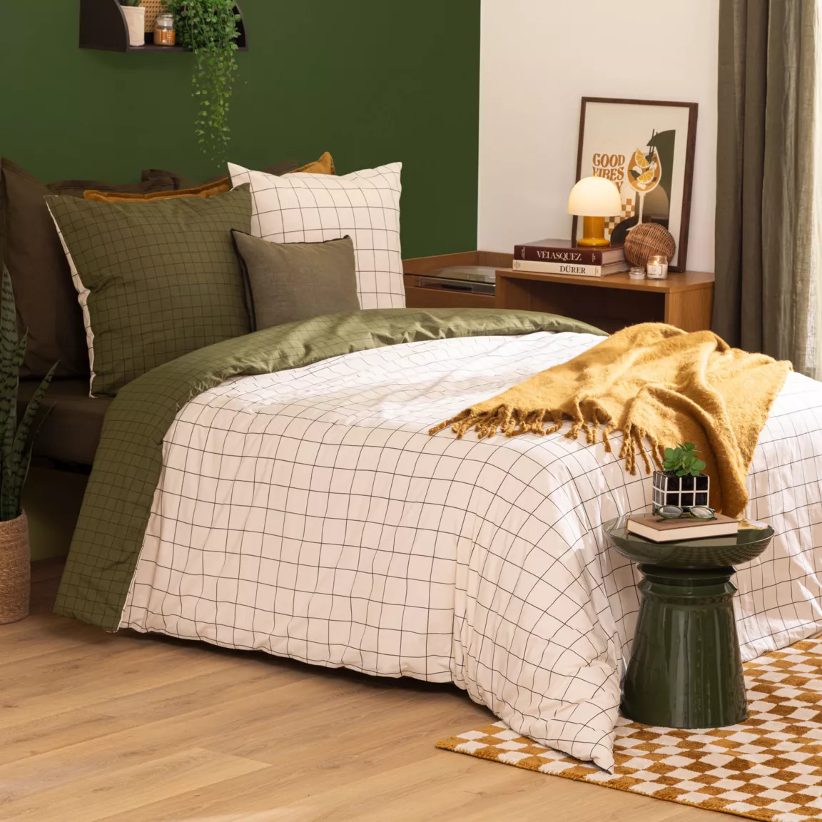 Housse de couette et deux taies coton (240 x 220 cm) Maati Verte