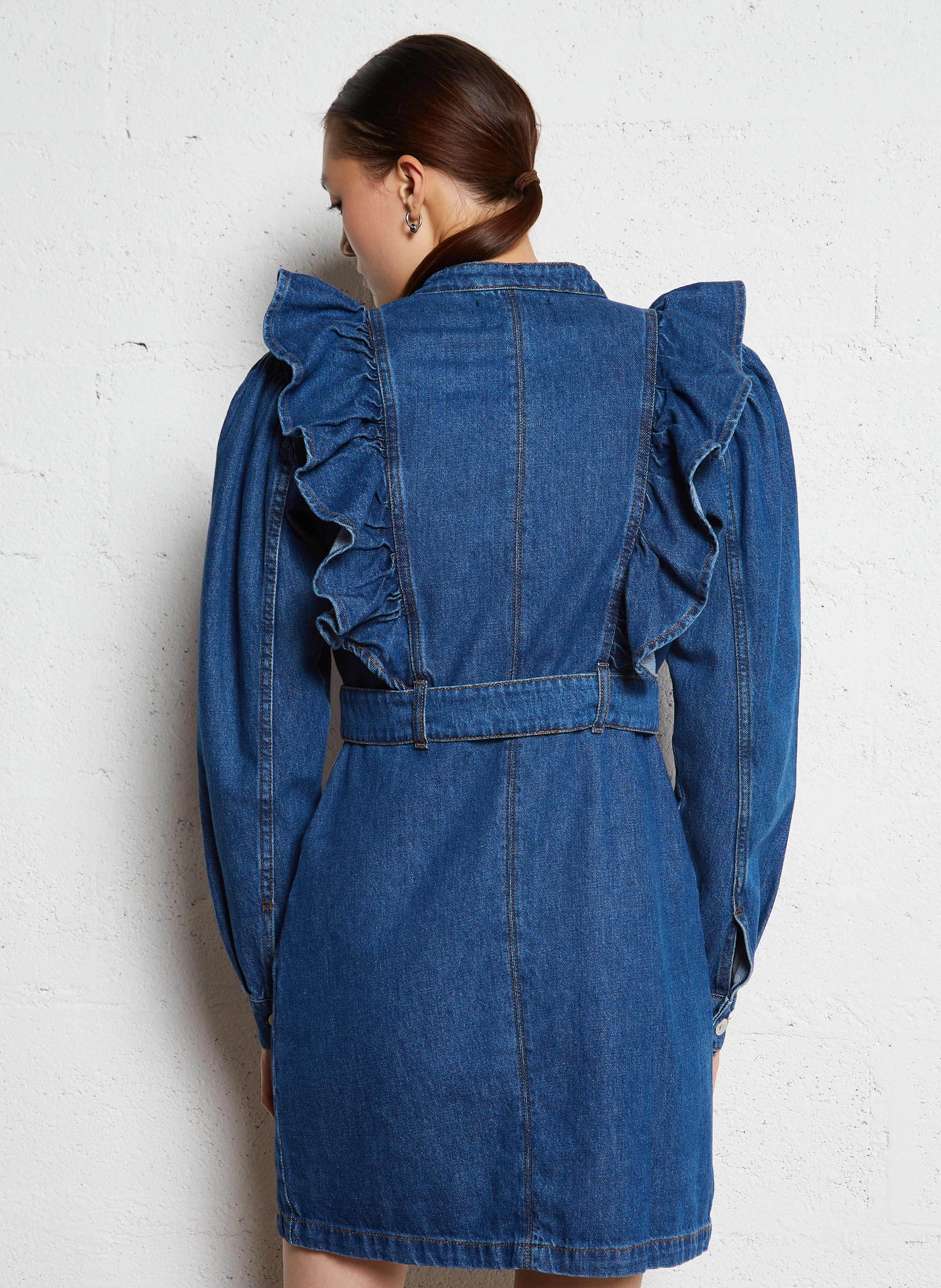 REEM - Robe courte col V en coton | Bleu