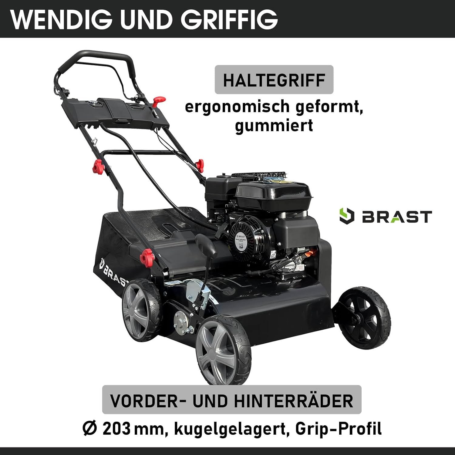 BRAST® Vertikutierer Benzin 4,5kW (6,12PS) | 4-Takt Motor 212ccm | 40-45cm Arbeitsbreite | TÜV geprüft | 50L Fangkorb | viele Modelle für kleine bis sehr große Rasenflächen | BRB-RV-45212 Estart
