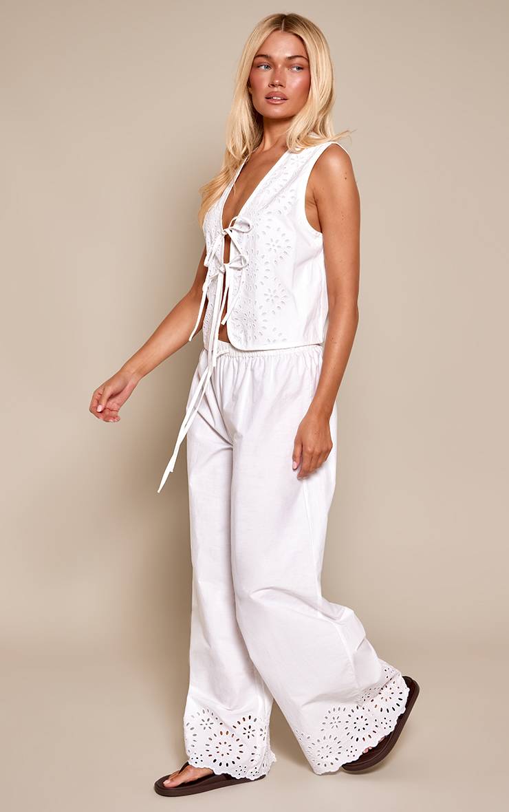 Blanc Ensemble Coordonné Pantalon Large En Coton Broderie Anglaise