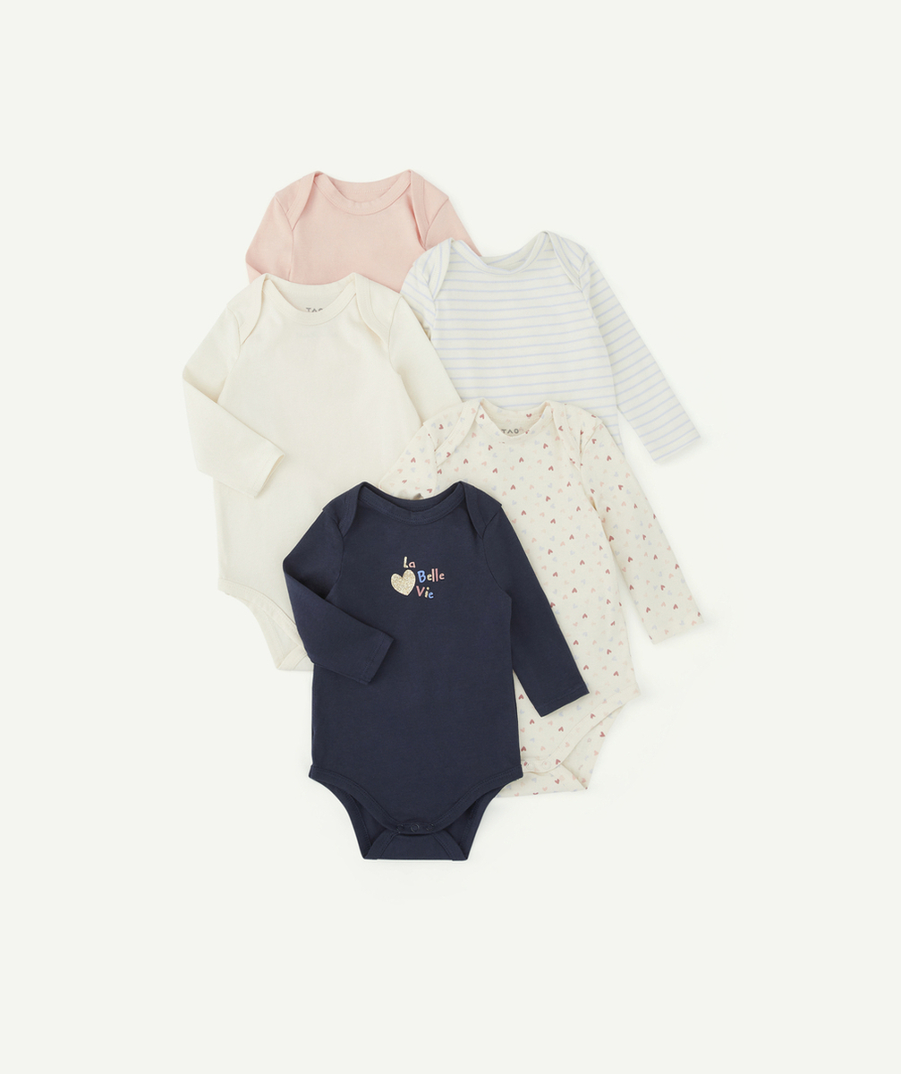 LOT DE 5 BODIES BÉBÉ EN COTON BIO THÈME COEUR BLEU ET ROSE
