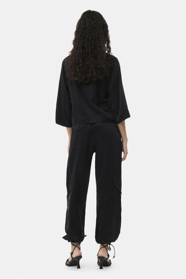 Ganni Washed Satin Crop Shirt Black