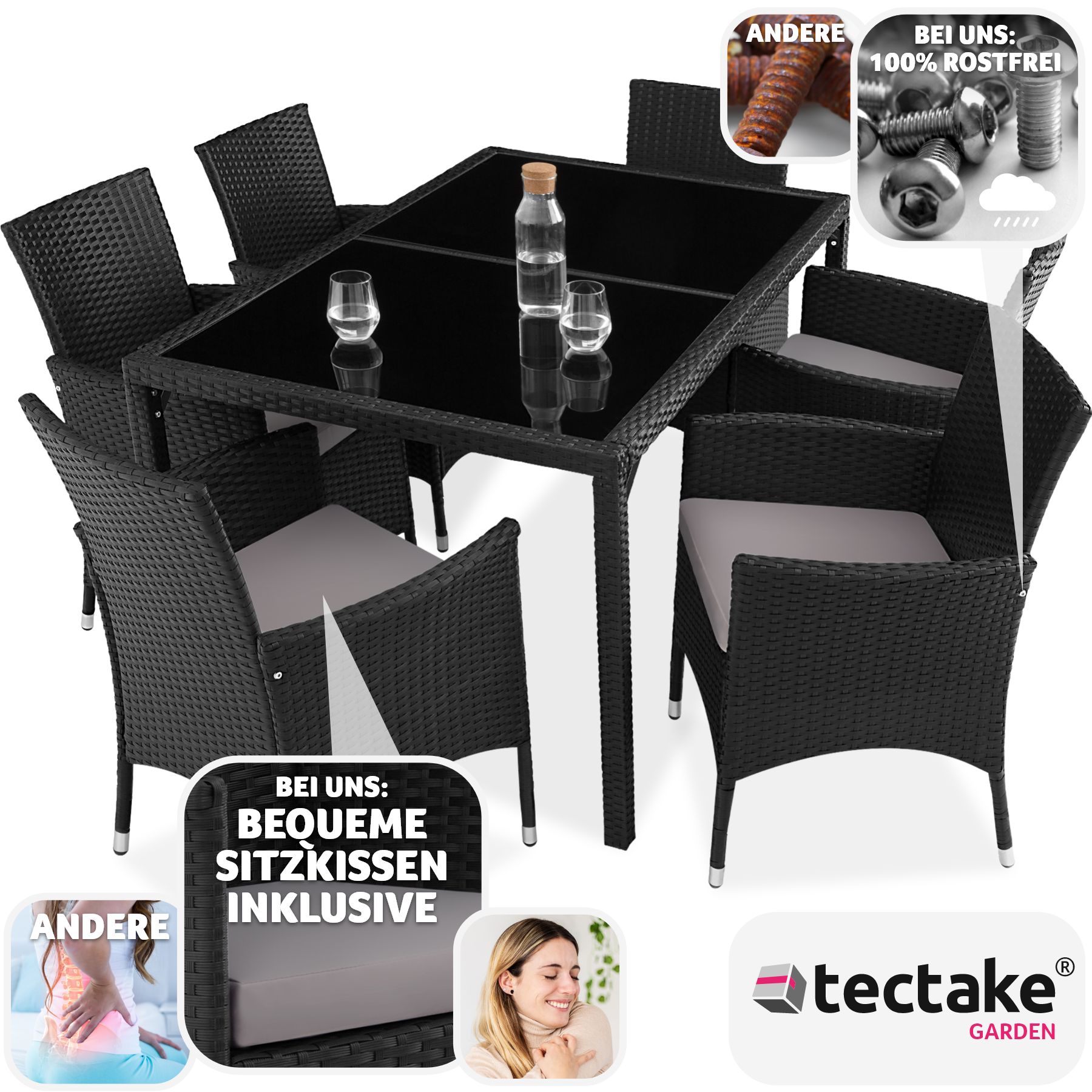 tectake® Rattan Sitzgruppe, für 6 Personen, UV-beständig, inklusive Schutzhülle