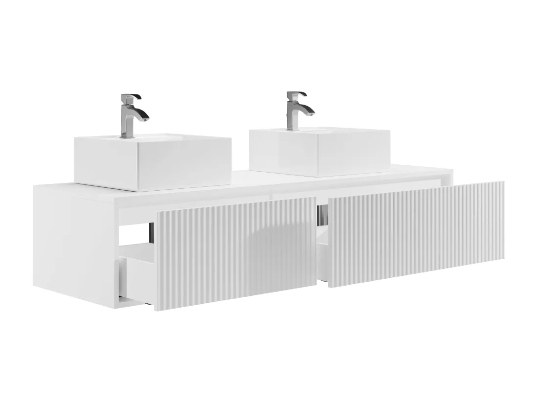 Meuble de salle de bain suspendu strié avec double vasque - Blanc - 150 cm - ARNEGA