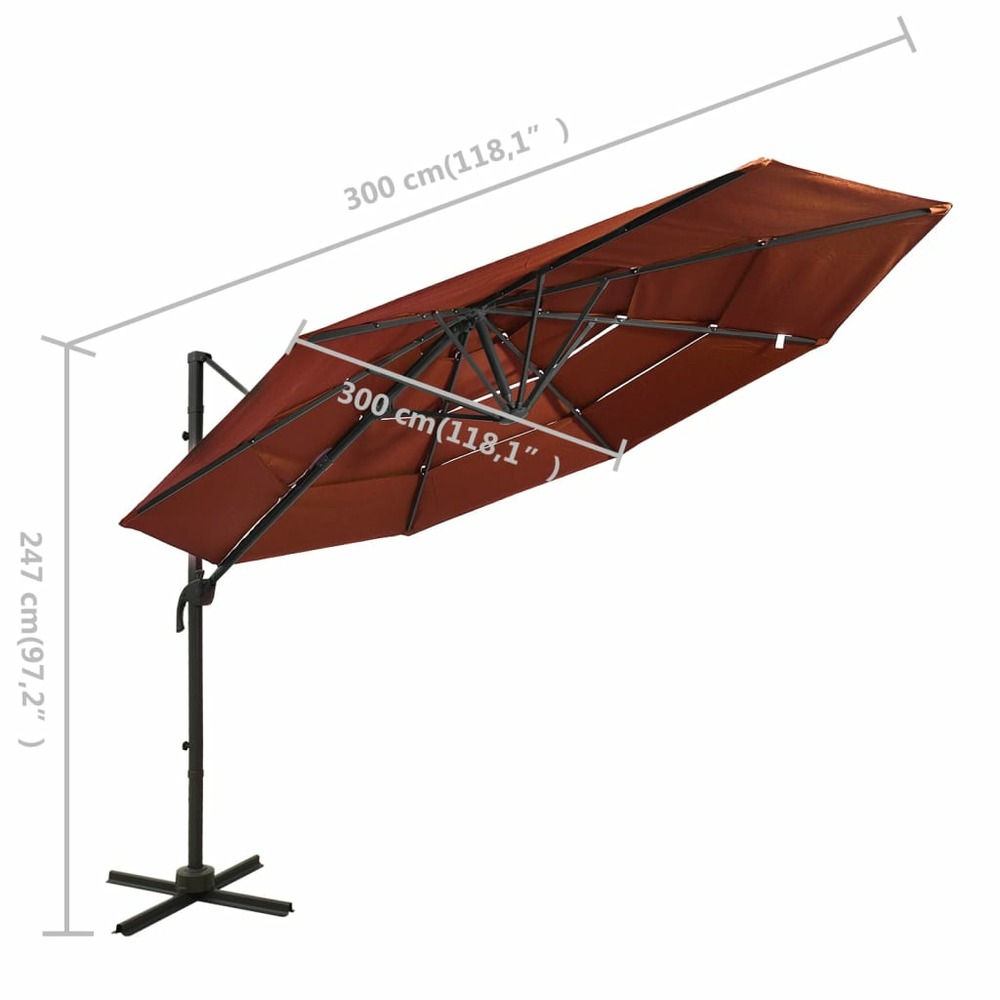 Parasol à 4 niveaux avec mât en aluminium 3 x 3 m orange