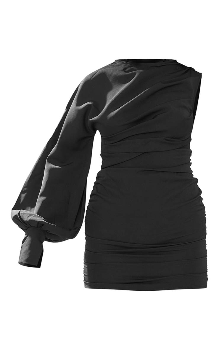 Noir Robe Moulante Tissée Froncée À Une Manche
