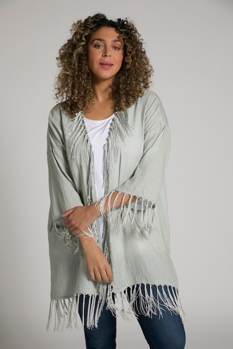 Blusen-Kimono, Fransen, Oversized, 3/4-Arm