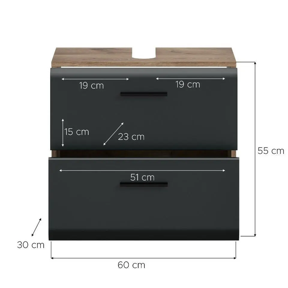 Hioshop Ice wastafel 2 lades zwart mat- eiken decor