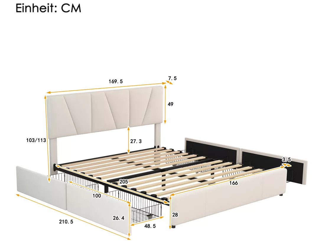 Lit rembourré king size avec quatre tiroirs de rangement beige (160*200cm)
