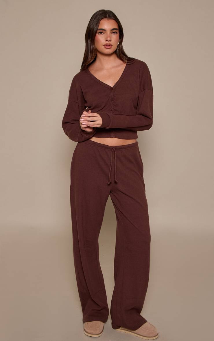 Marron Foncé Ensemble Cardigan Côtelé Doux À Taille Cintrée