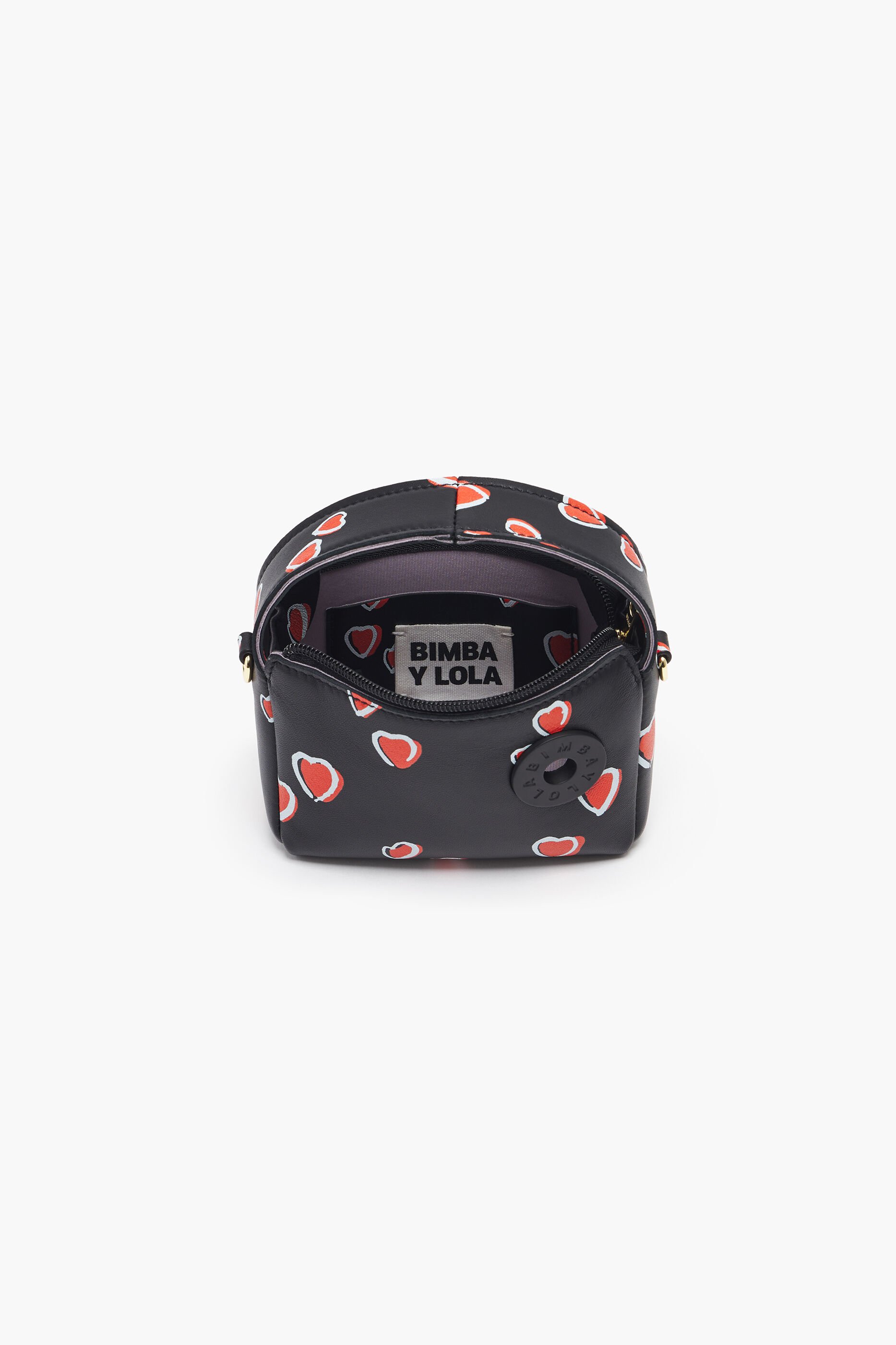 Bolsa hobo de couro tamanho XS com estampa de pequenos corações, preta.