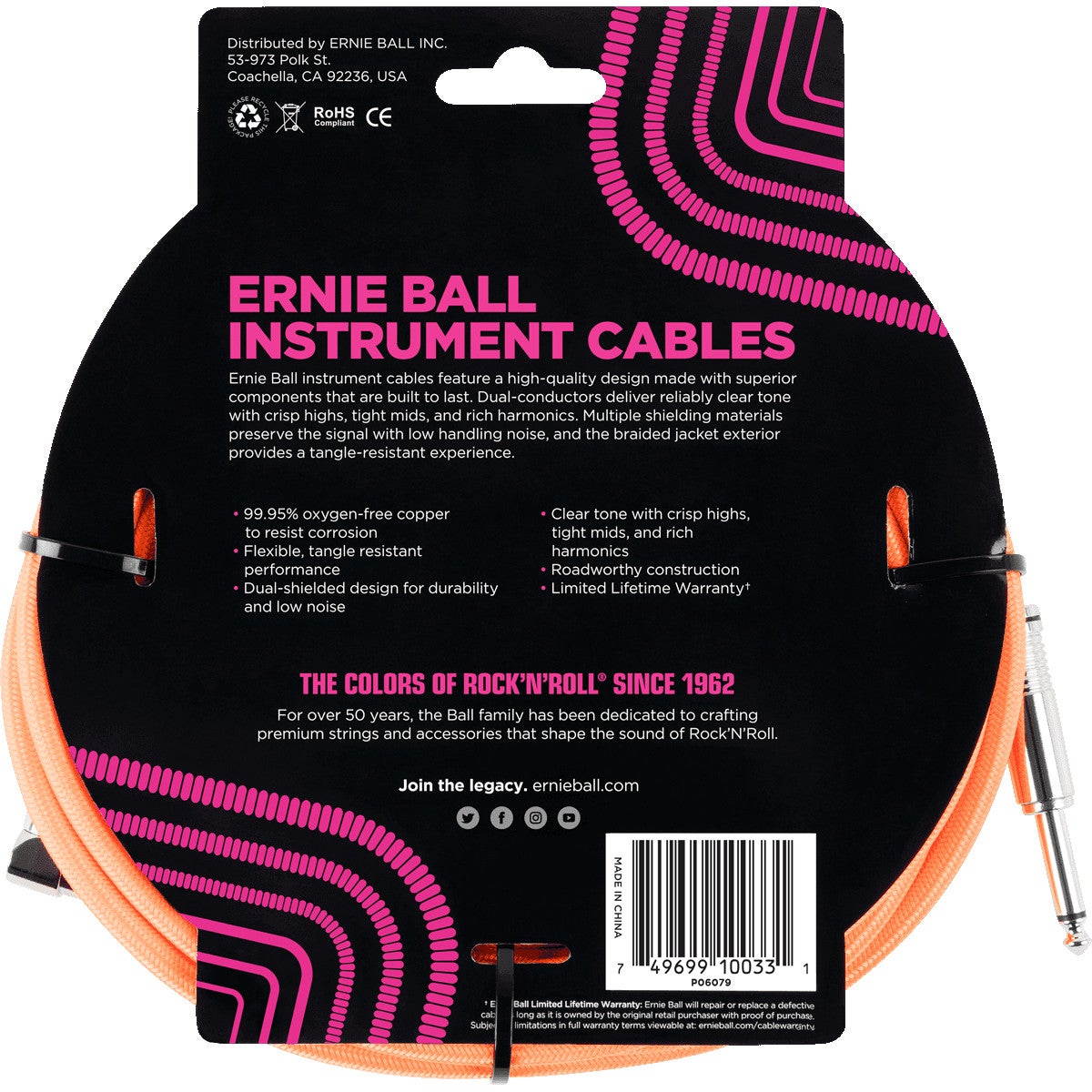 Ernie Ball 6079 Braided Instrument Cable, 3 meter, Neon Orange