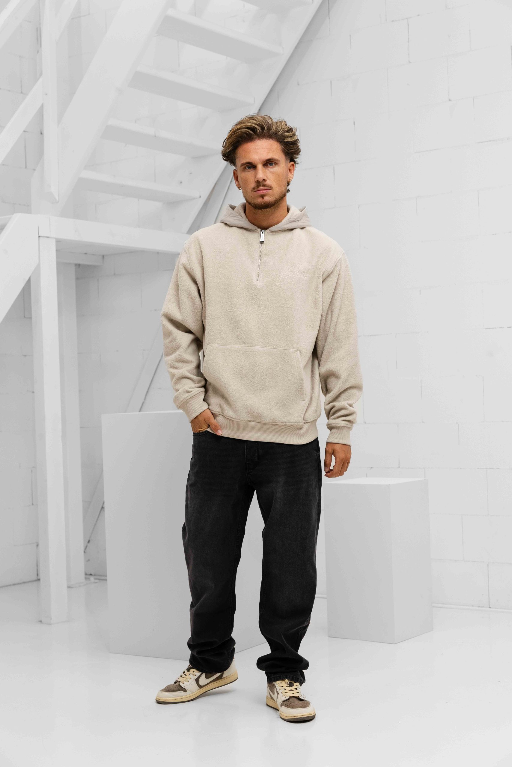 Malelions Fleece Nylon Half Zip Hoodie Heren Beige