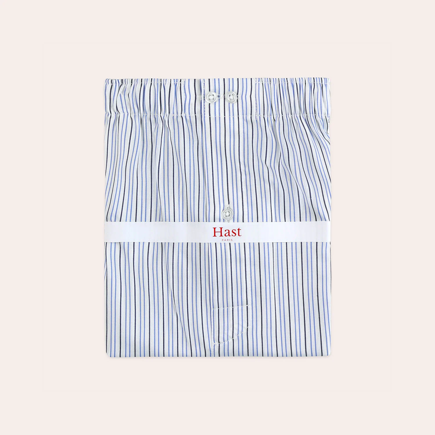 Upcycled boxer shorts with navy blue and white stripes