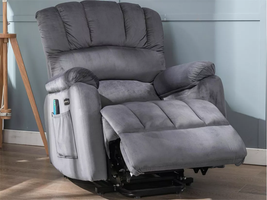 Fauteuil relax électrique en tissu avec fonctions de chauffage et de vibration - 2 poches latéralles - Gris