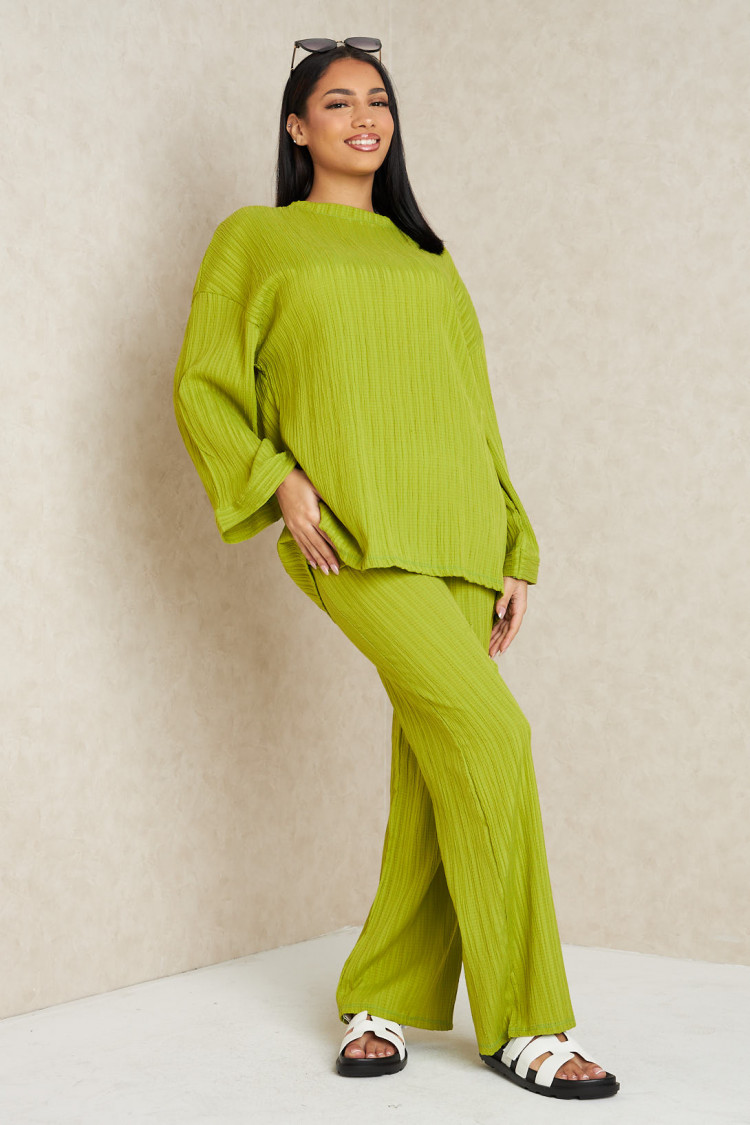 Ensemble 2 pièces pull fin + pantalon à rayures vert