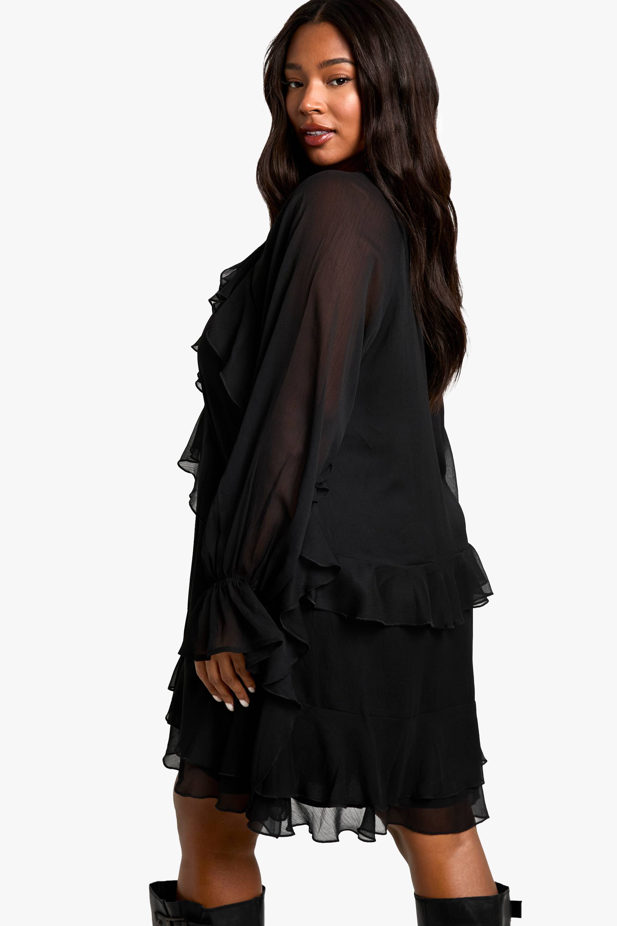 boohoo Plus Chiffon Ruffle Smock Dress