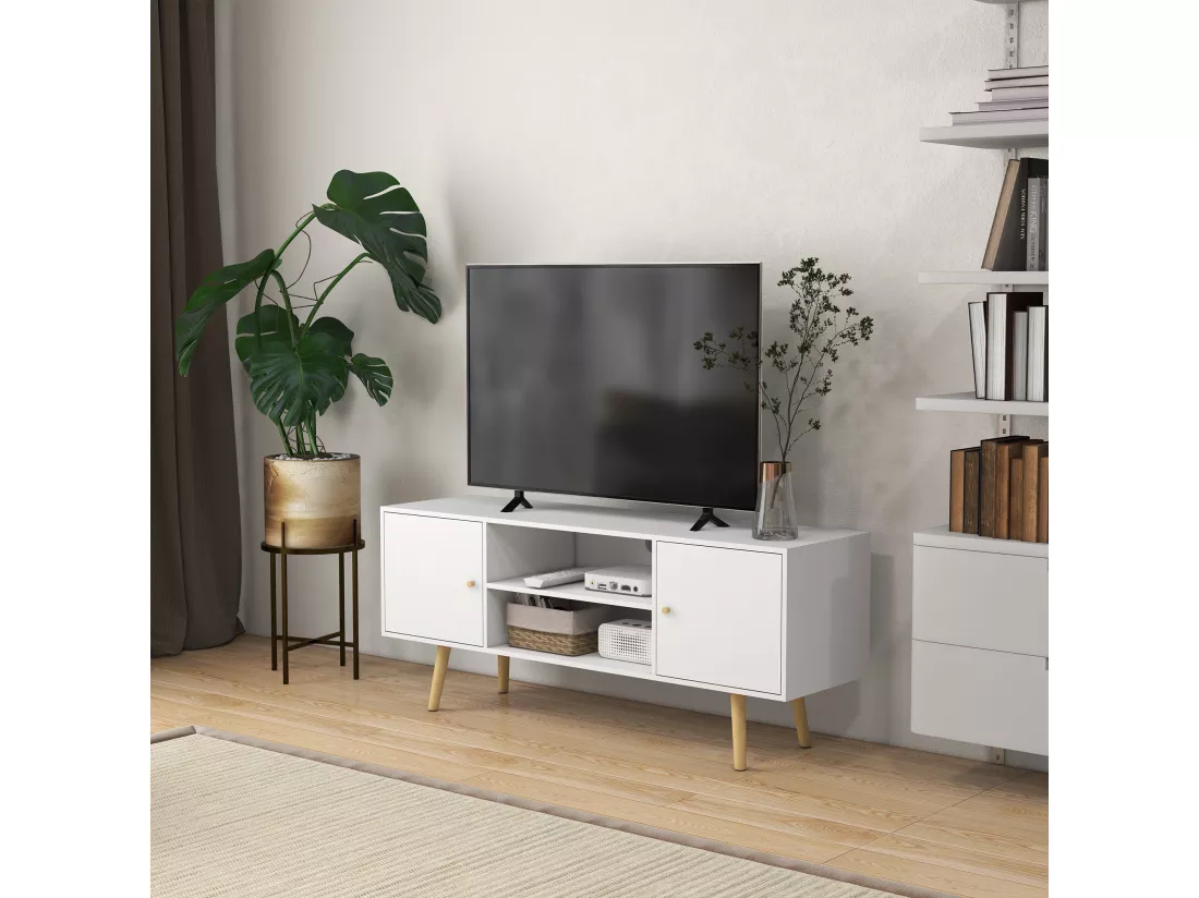 Meuble TV style scandinave 2 portes 2 niches passe-fils piètement bois pin panneaux blanc