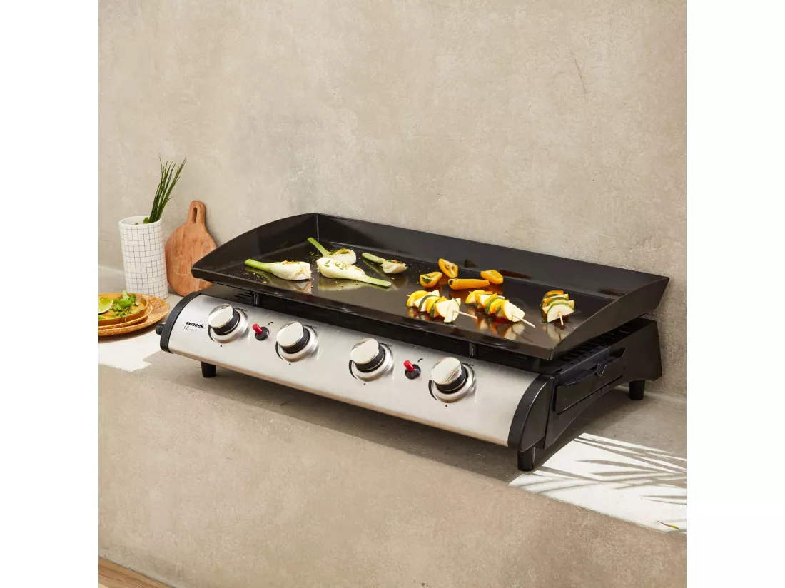 Plancha au gaz 4 feux - Porthos 4 brûleurs - 10 kW. barbecue. cuisine extérieure. grande plaque émaillée. inox