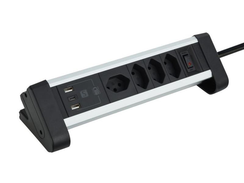 Schönenberger Tischsteckdosenleiste Alu 4× T13, 1x USB-C, 2 Alu-Steckdosenleiste mit 20 W USB-C Charger