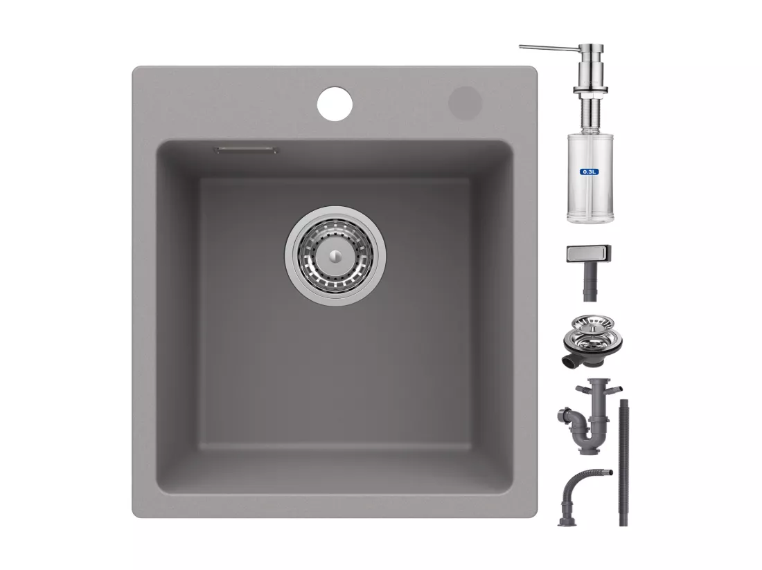 Cecipa max Evier de Cuisine Gris + 300ML Distributeur de Savon Brossé, Evier 1 Bac e en Quartz Evier à Encastrer Evier de Cuisine 1 cuve 40x45cm
