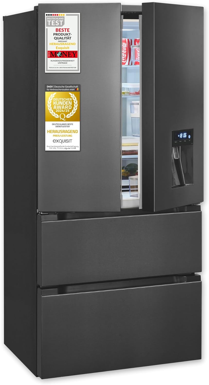 Exquisit Frenchdoor-Kühlschrank, 506 L, Kombigerät, 2-in-1, Kühl- und Gefrierteil, No-Frost, Wasserspender, inoxlook, FD5490-160-WS-202E inoxlook-az