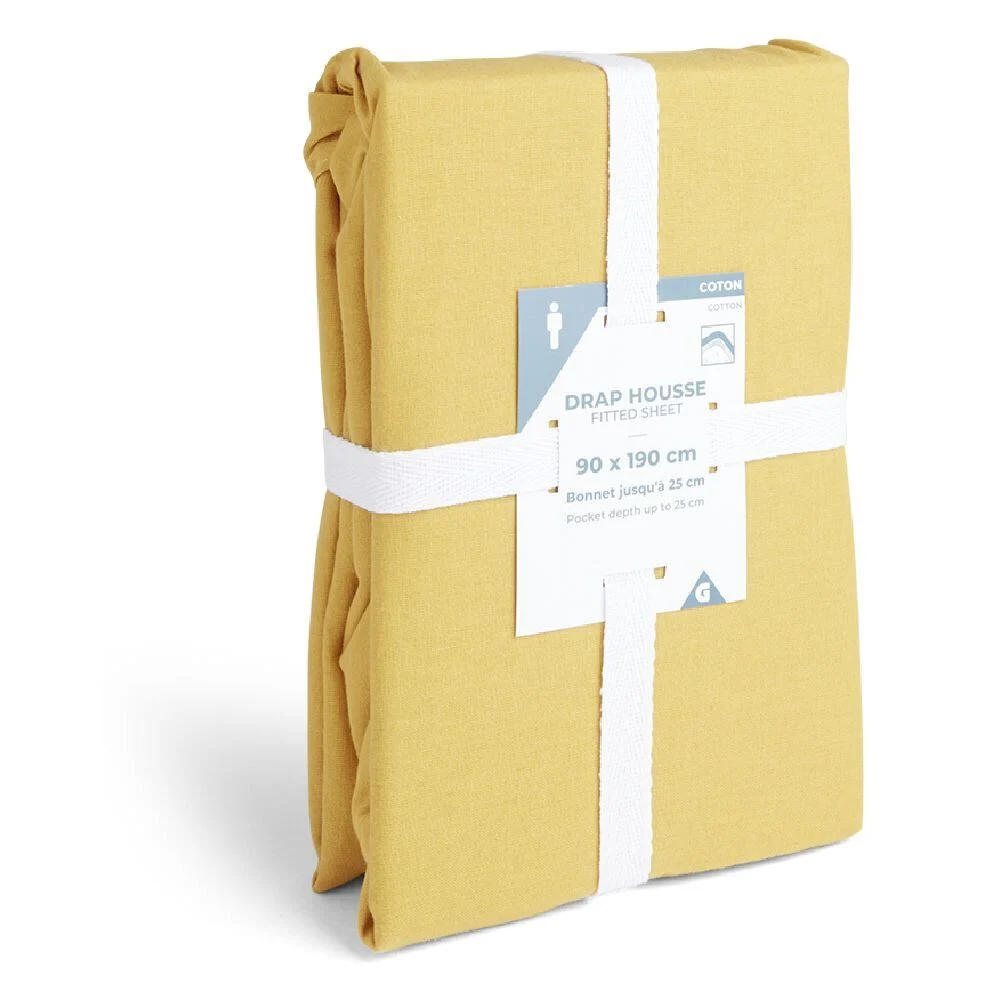 Drap housse 90x190cm 100% coton jaune moutarde