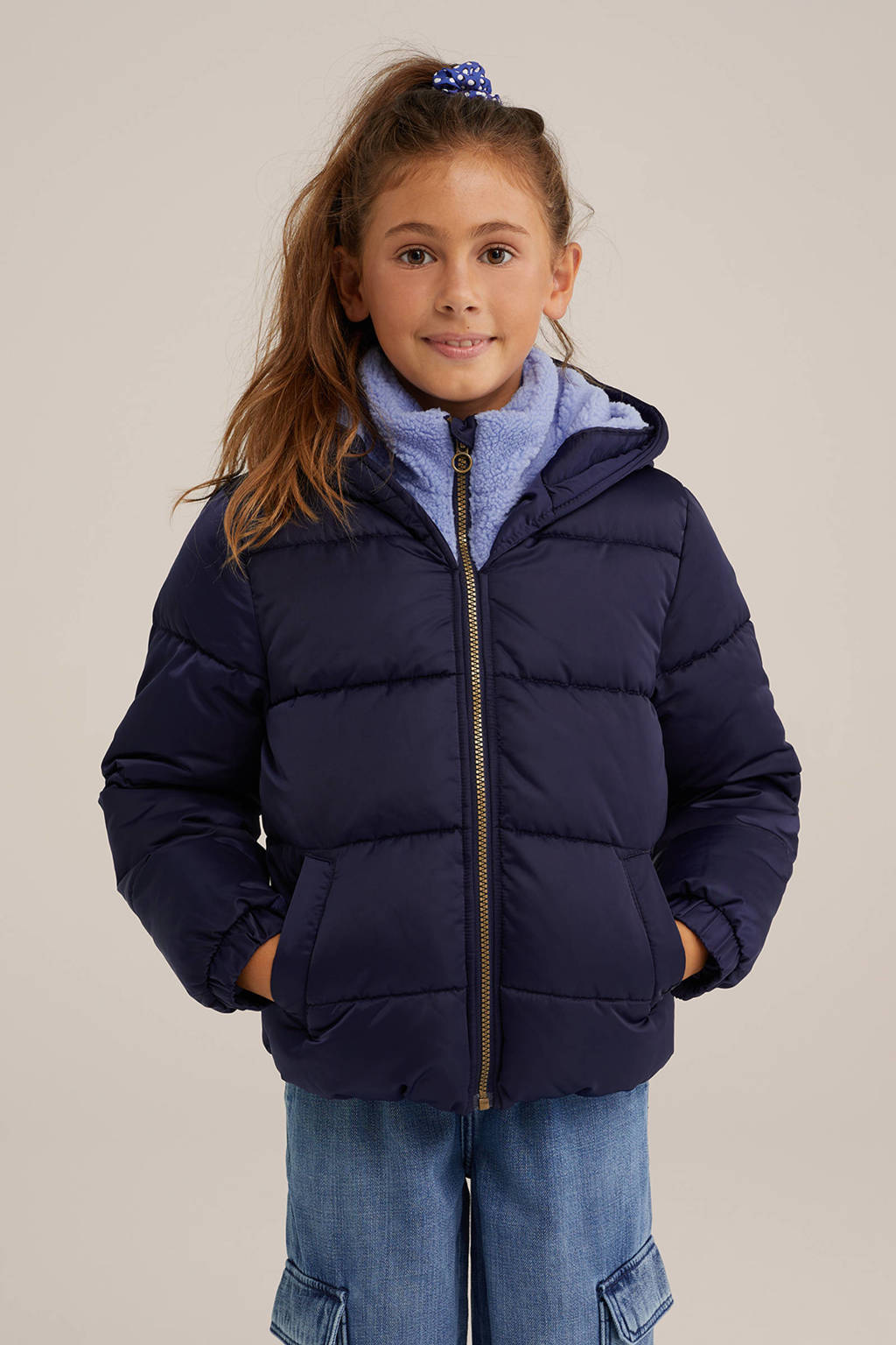 WE Fashion gewatteerde winterjas donkerblauw/lichtblauw