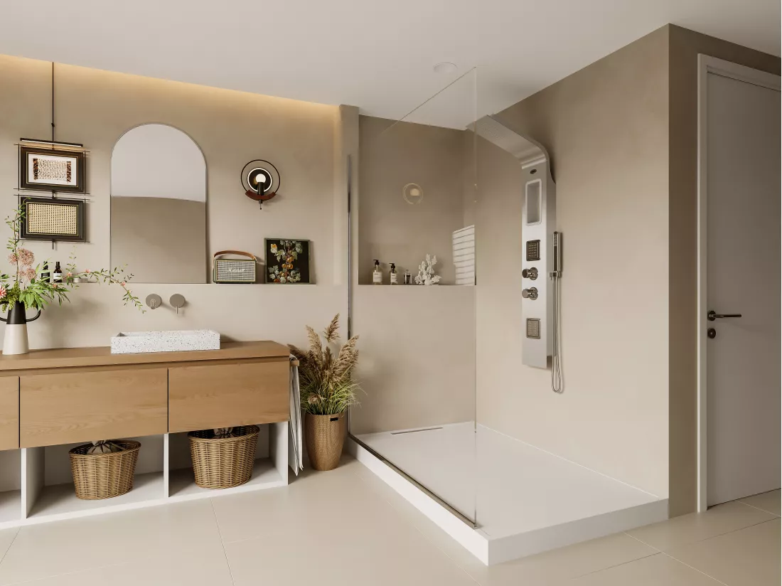 Colonne de douche hydromassante thermostatique AMANDA - avec rangement - 22*145 cm