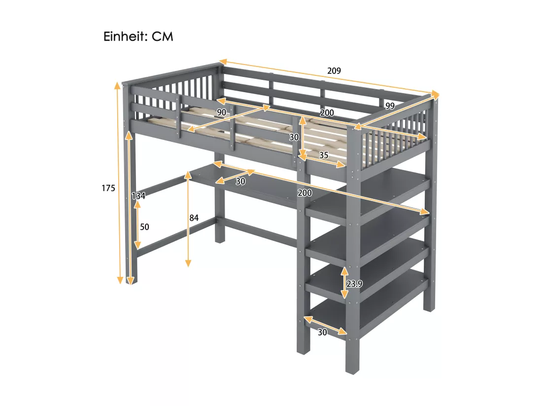 Lit mezzanine 90 x 200 cm avec bureau et étagères de rangement - Bois de pin + MDF - Gris