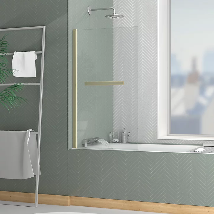 Pare-baignoire rabattable 120 x 70 cm, profilés alu doré brossé, porte-serviette, Galedo Essentiel