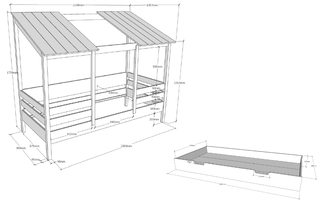 Hausbett - weiß - Bettschublade - offenes Dach - 90x200 cm