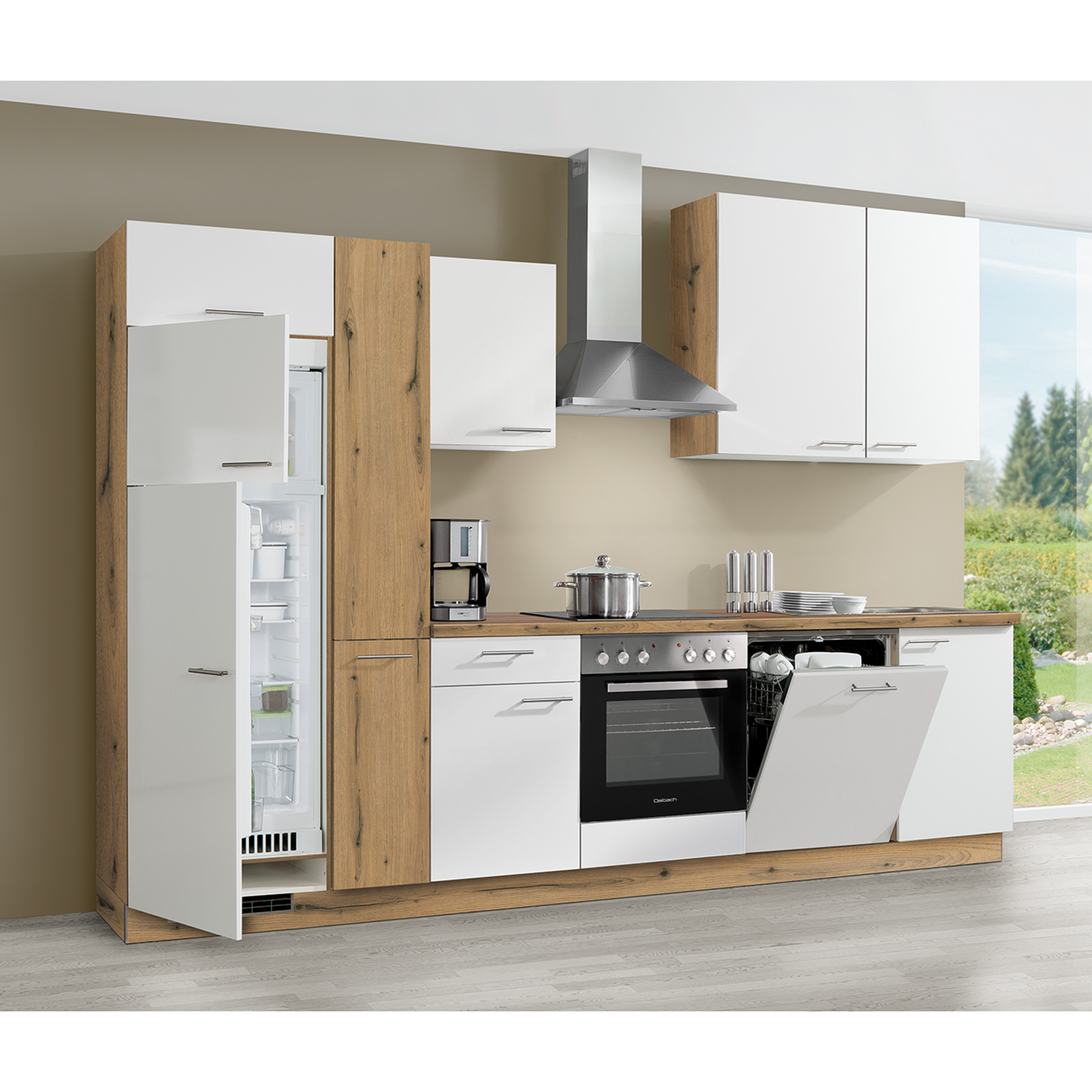 Küchenblock - weiß matt - Eiche Astig - mit E-Geräten - Kühlschrank links - 310 cm