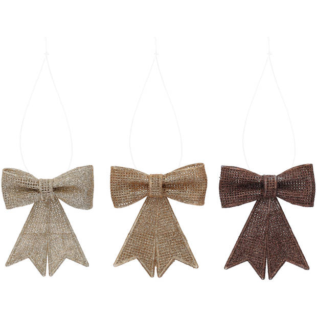 Hangdeco strik glitter bruin 9cm 3ass
