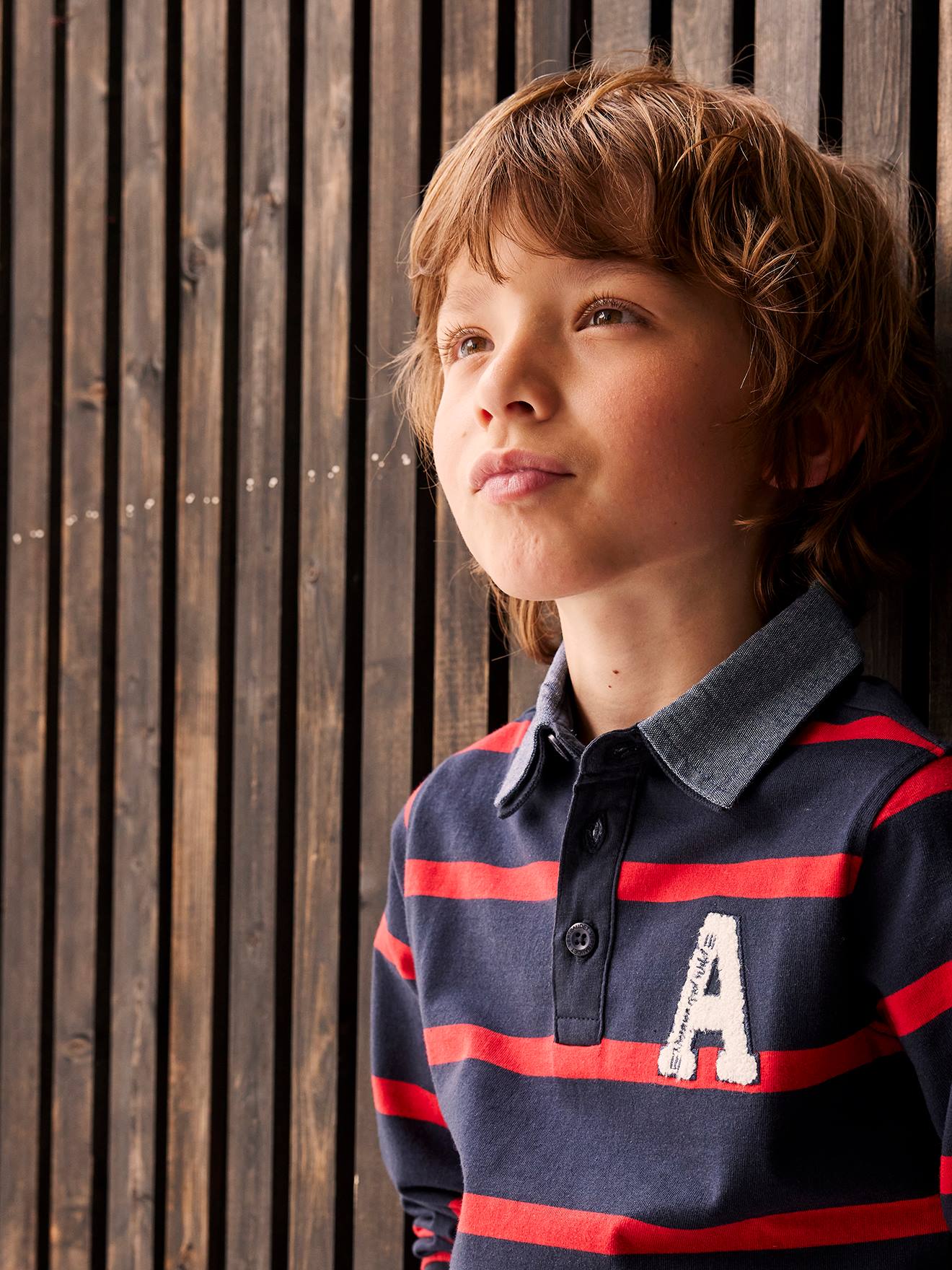 Camisa polo listrada azul marinho com efeito 2 em 1 para meninos