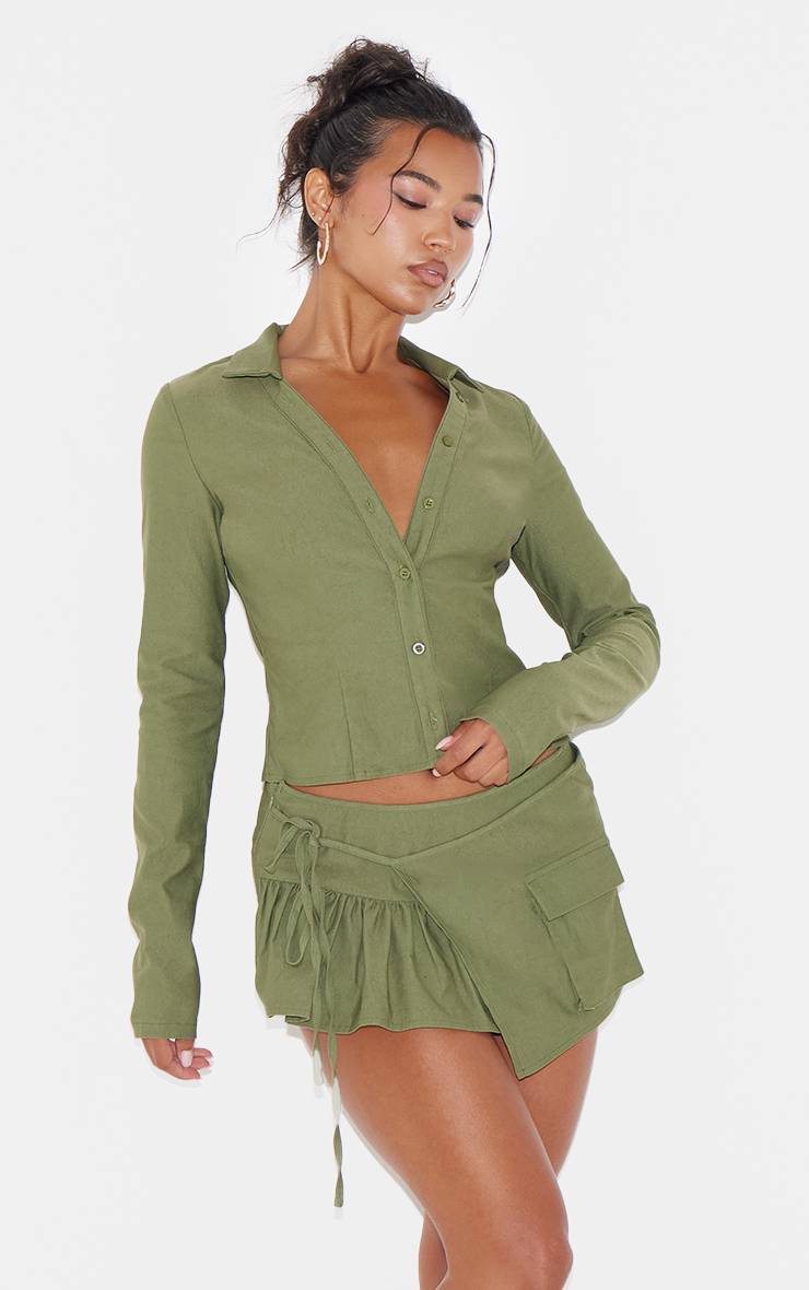 Kaki Ensemble Coordonné Chemise Cargo Tissée À Manches Longues