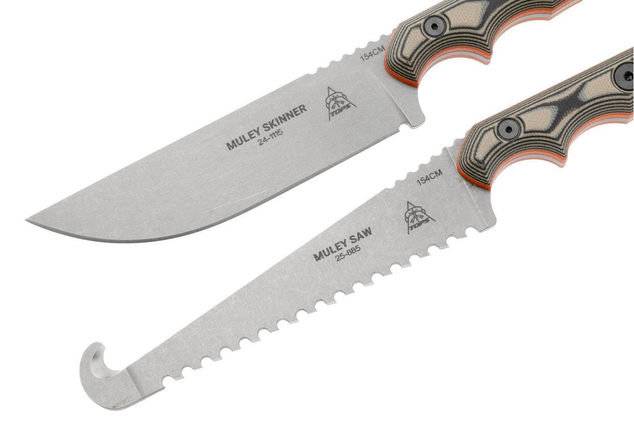 TOPS Knives Muley Combo MCMB-02, 154CM Tumble Finish, Tan Black G10, Kydex Sheath, jacht set, Leo Espinoza design