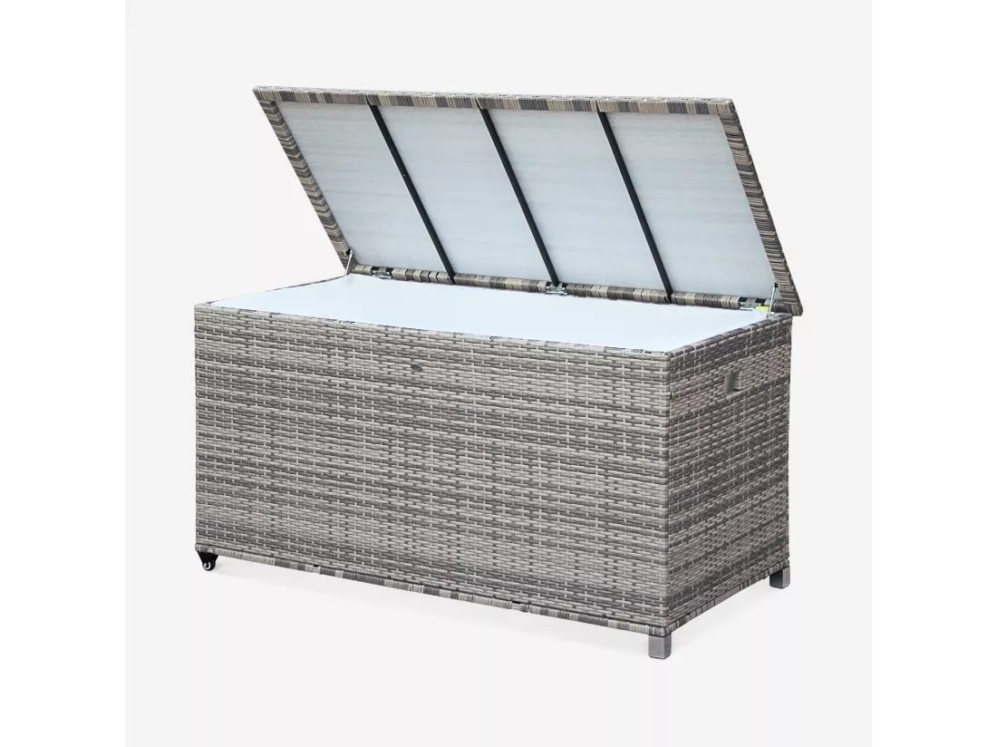 Coffre de jardin en résine tressée - Cassapanca Nuances de Gris - 790L. vérins. roulettes. poignée et housse intérieure écrue. rangement coussins 162x82cm