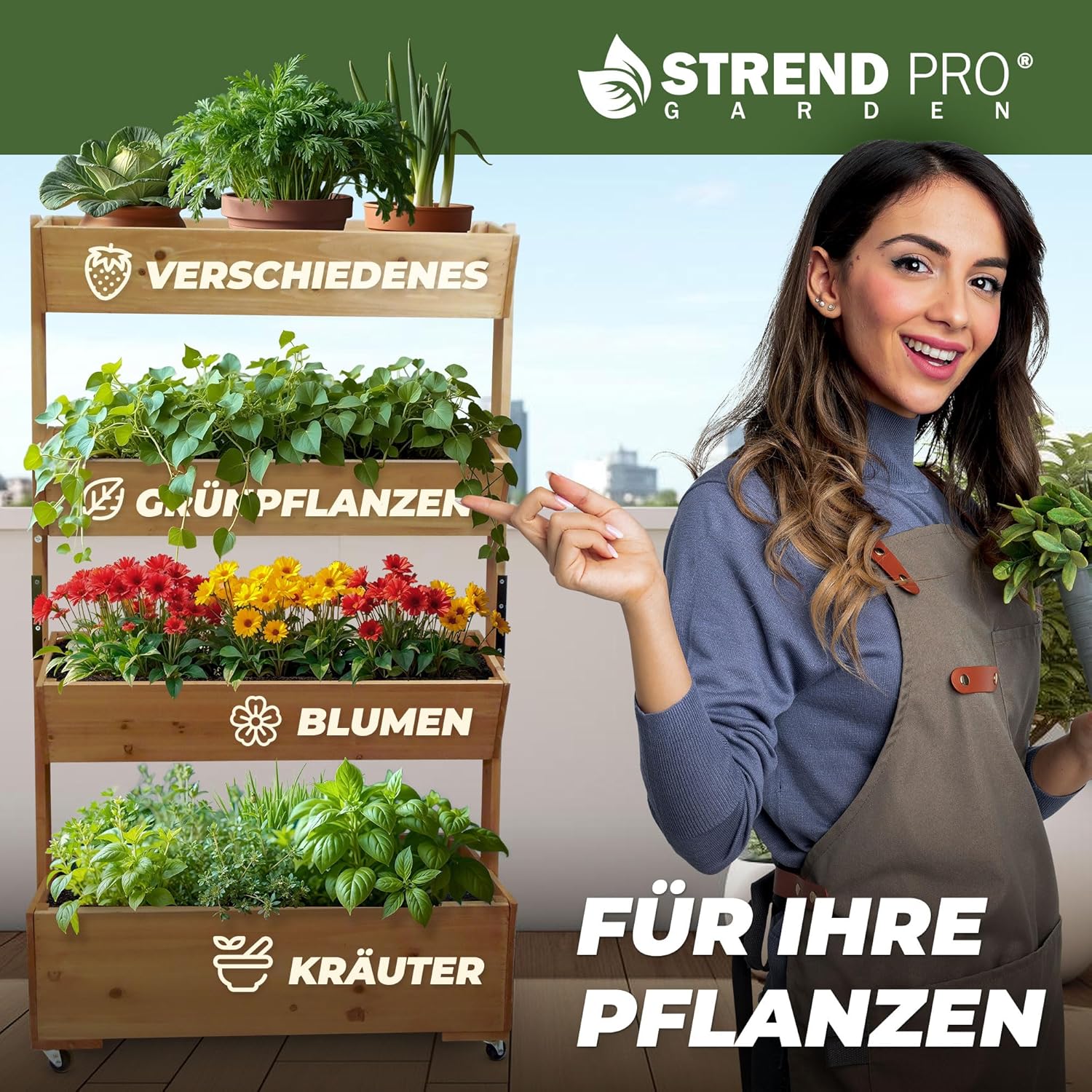 STREND PRO Balkon Hochbeet 4 Etagen Holz | 147x85x45cm (HxBxT) | Wetterfestes Vertikalbeet Pflanzentreppe Outdoor | Kräuterbeet Balkon für Blumen, Kräuter & Gemüse – für Terrasse, Garten