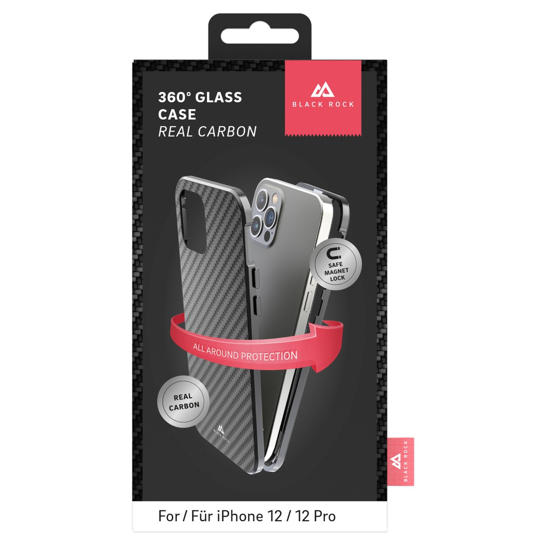 iPhone 12 / iPhone 12 Pro Magnetische 360° Glass Schutzhülle mit Echt Carbon Backcover   Display- / Kameraschutz (1130TGCB02) - Schwarz