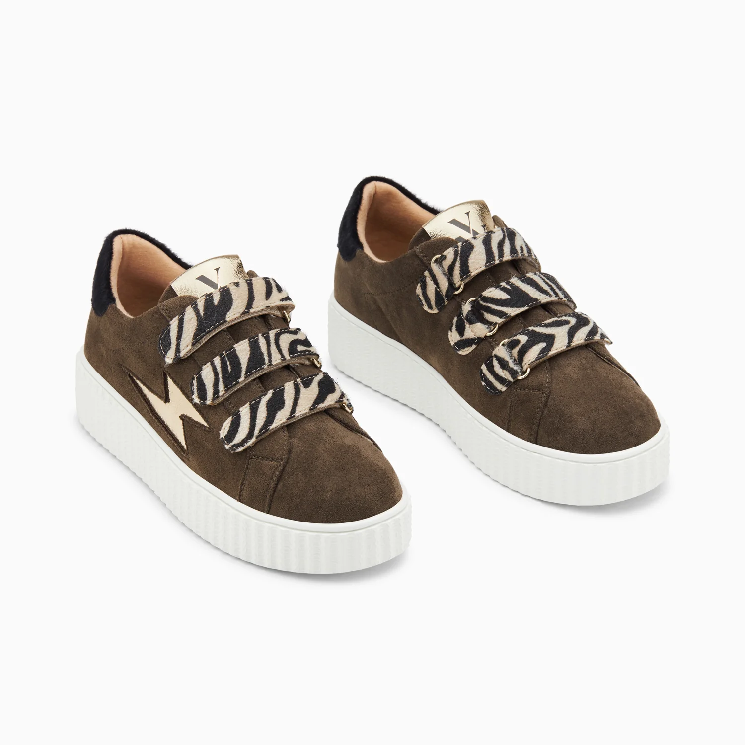 Sneakers-Baskets éclair Maëlle kaki et or à scratchs