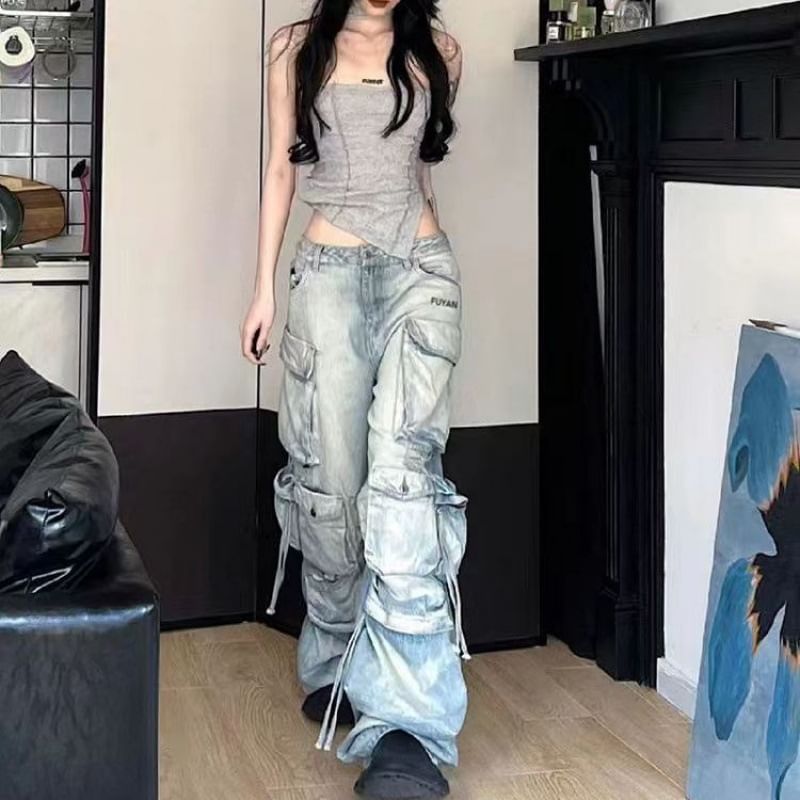Slyaddie - Low Waist Washed Ripped Wide Leg Cargo Jeans