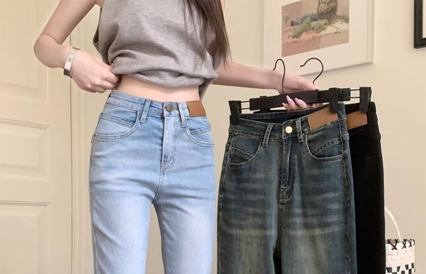 CosmoCorner - High Waist Washed Cropped Slim Fit Jeans