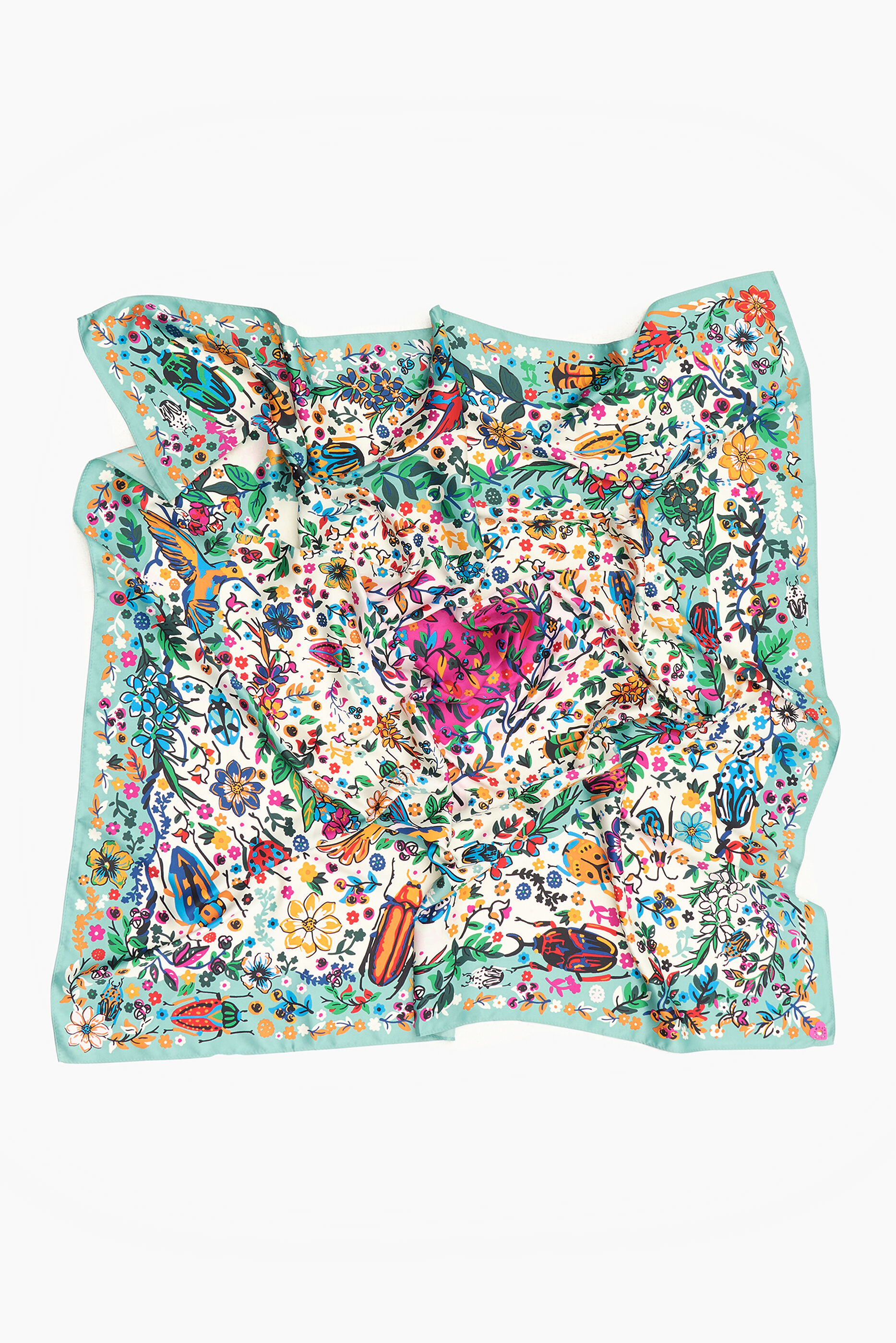 Cachecol floral azul-turquesa com estampa de animais