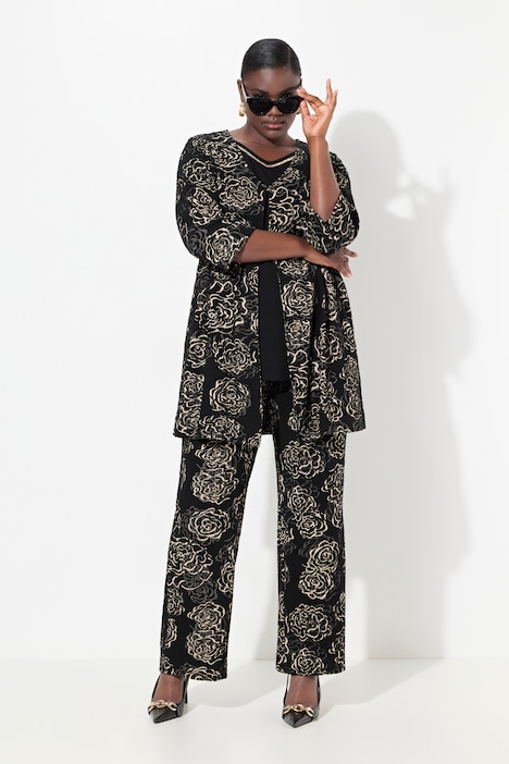 Jacquard-Jacke, Blüten, A-Linie, V-Ausschnitt, 3/4-Arm