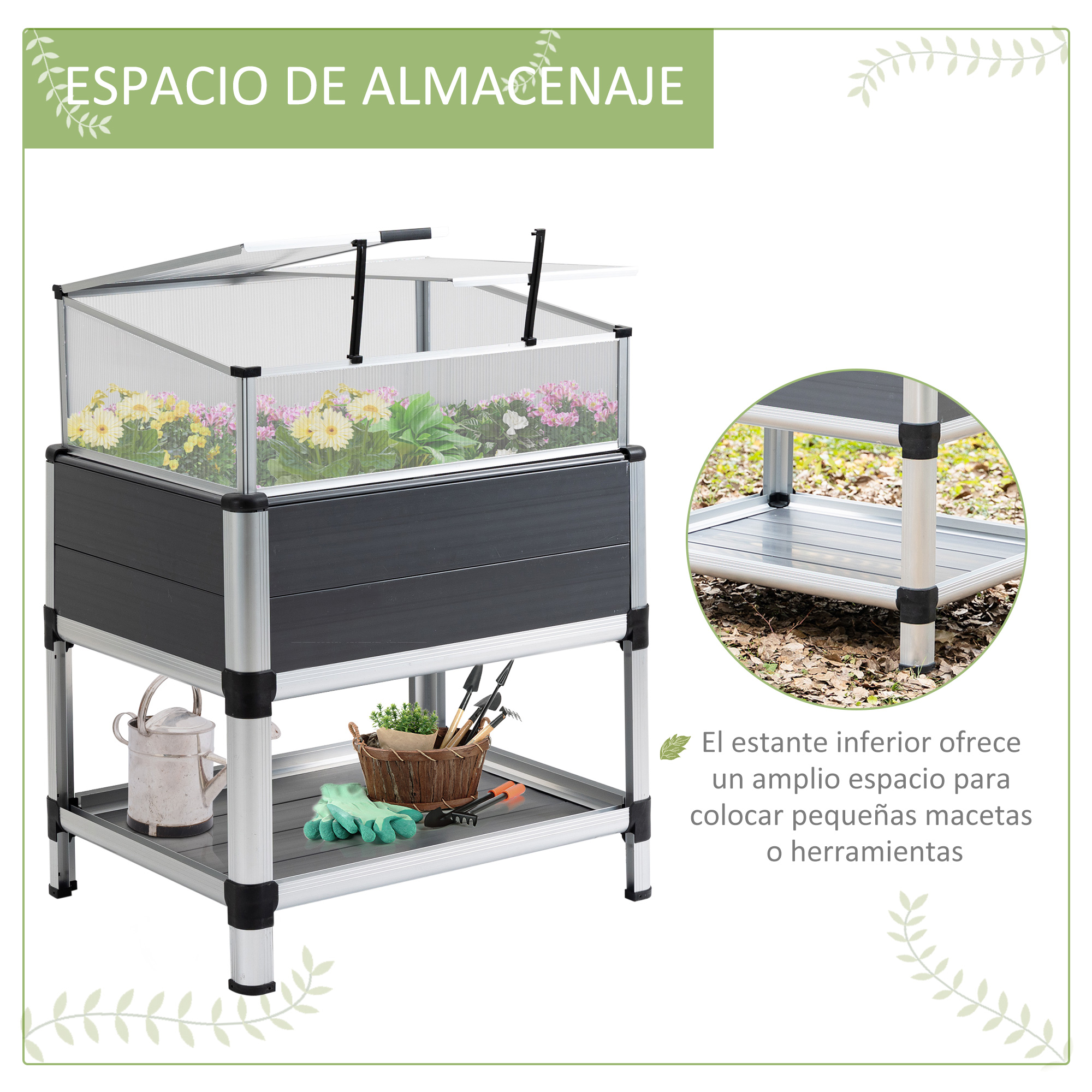 Jardineira elevada Outsunny para jardim urbano, em alumínio, 78,5 x 61 x 99,5 cm, com tampa de policarbonato, teto articulado e prateleira inferior para cultivo de plantas e flores, cinza.