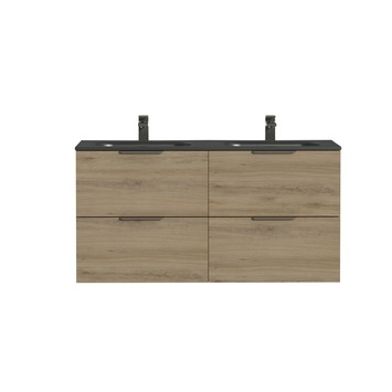 Tiger Studio badkamermeubel 120 cm chalet eiken met wastafel dubbel polybeton mat mat zwart greep rvs plat
