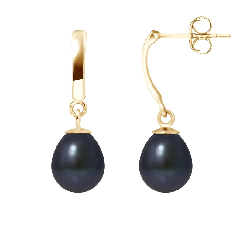 Boucles d'Oreilles Pendantes Perles de Culture d'eau douce Noires et or jaune 375/1000