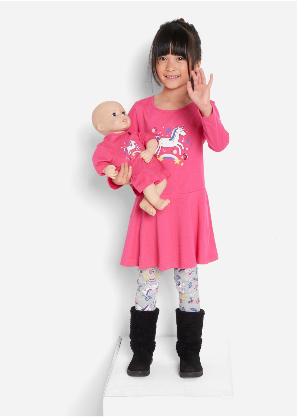 Robe en jersey + legging fille avec robe de poupée (Ens. 3 pces.)